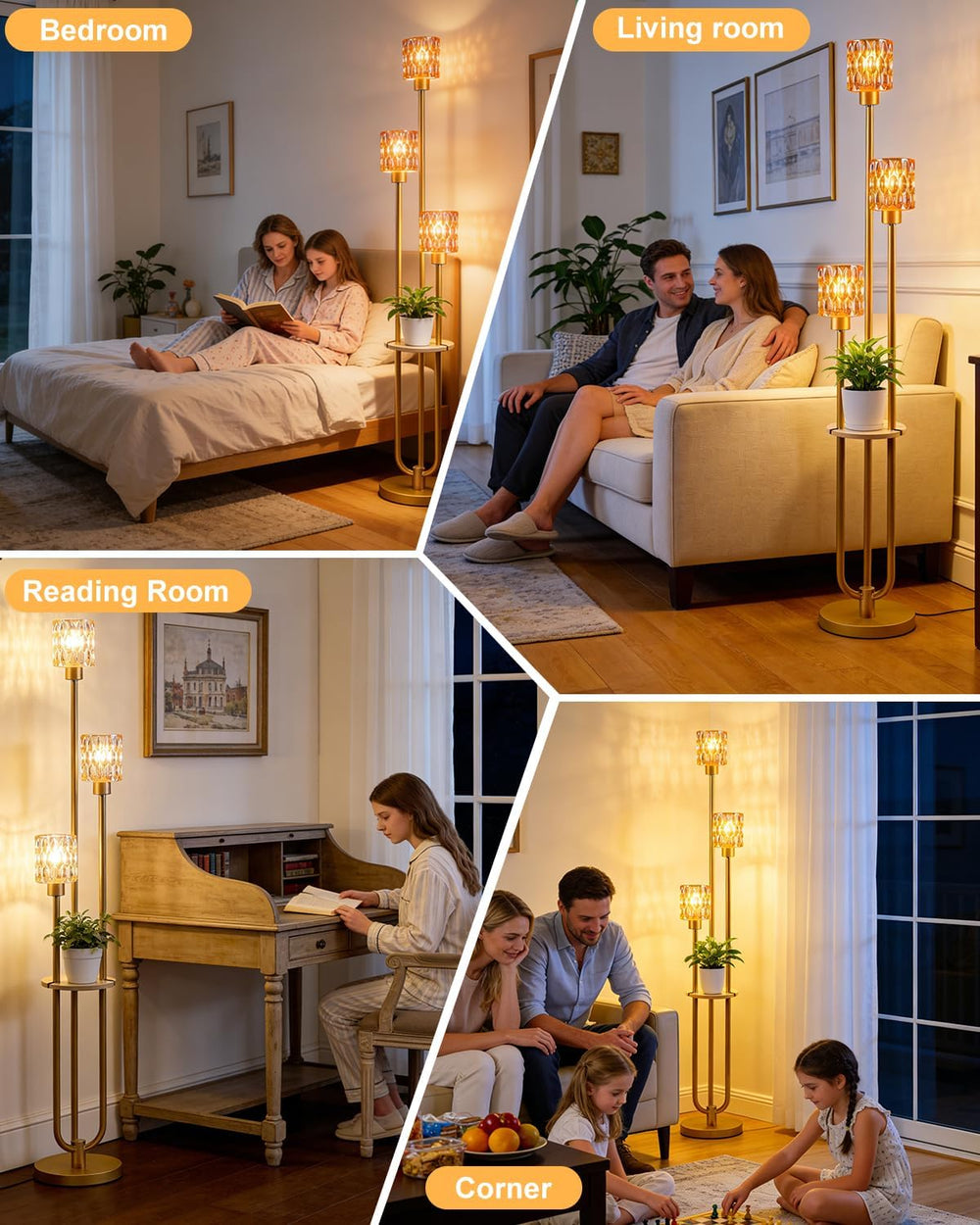 62IN Gold Floor Lamp with Amber Glass Shade 3-Lights Mid-Century Modern Farmh...