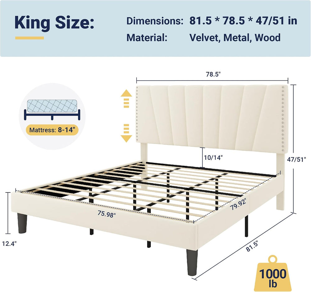 Allewie King Size Velvet Platform Bed Frame with Adjustable Headboard Cream