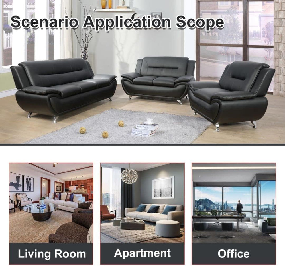 3 Pieces Living Room Sofa Set, Faux Leather Sofa Loveseat Armchair Set, Moder...