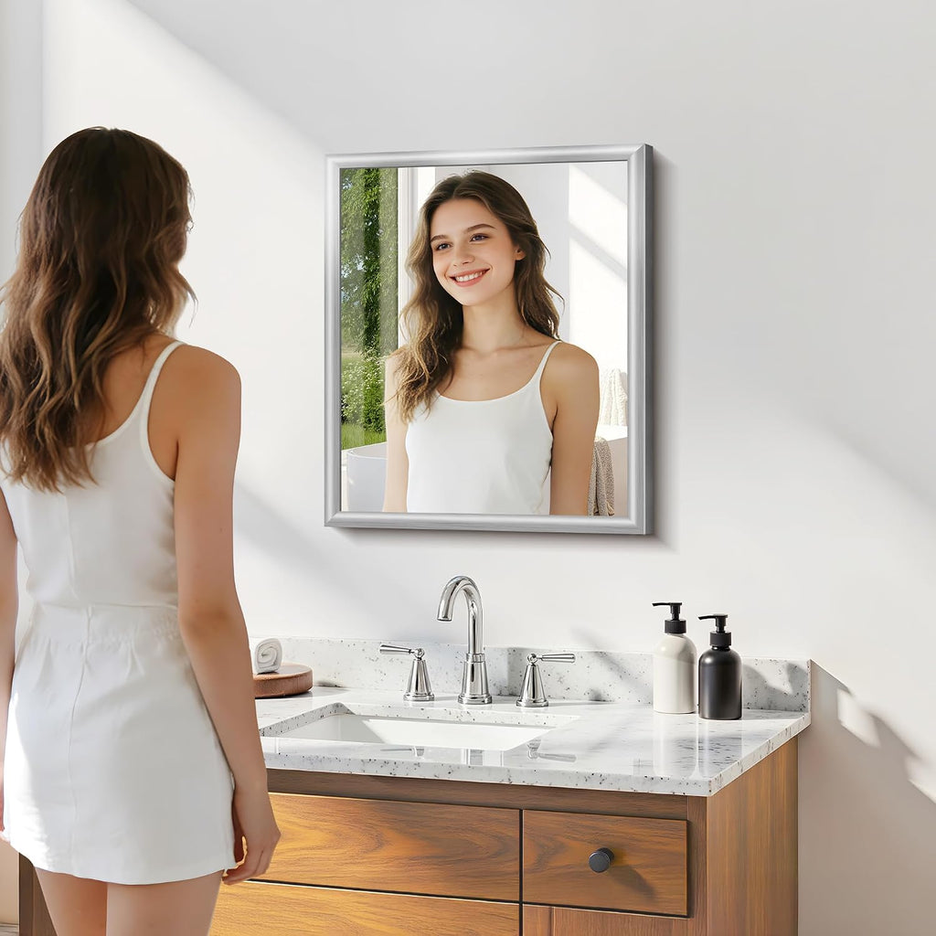 20x24 Inch Brushed Silver Bathroom Mirror, Raised Metal Framed Bathroom Vanity Mirror for Over Sink, Anti-Rust, Shatterproof Rectangle Wall Mirror, Hangs Horizontally or Vertically