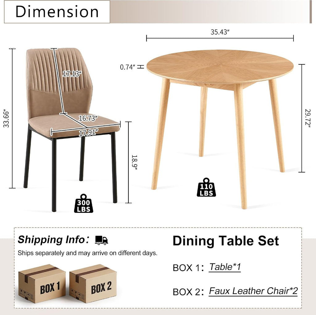 35" Round Dining Table Set for 2 with PU Leather Chairs, Space Saving Kitchen Table Set with Solid Wood Legs - Compact Breakfast Nook Set for Small Spaces, Apartment (Beige)