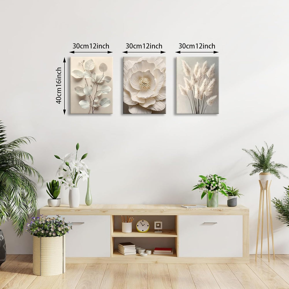 WENGTIAO 3Pcs Beige Floral Botanical Frame Canvas Wall Art 12"x16"x3