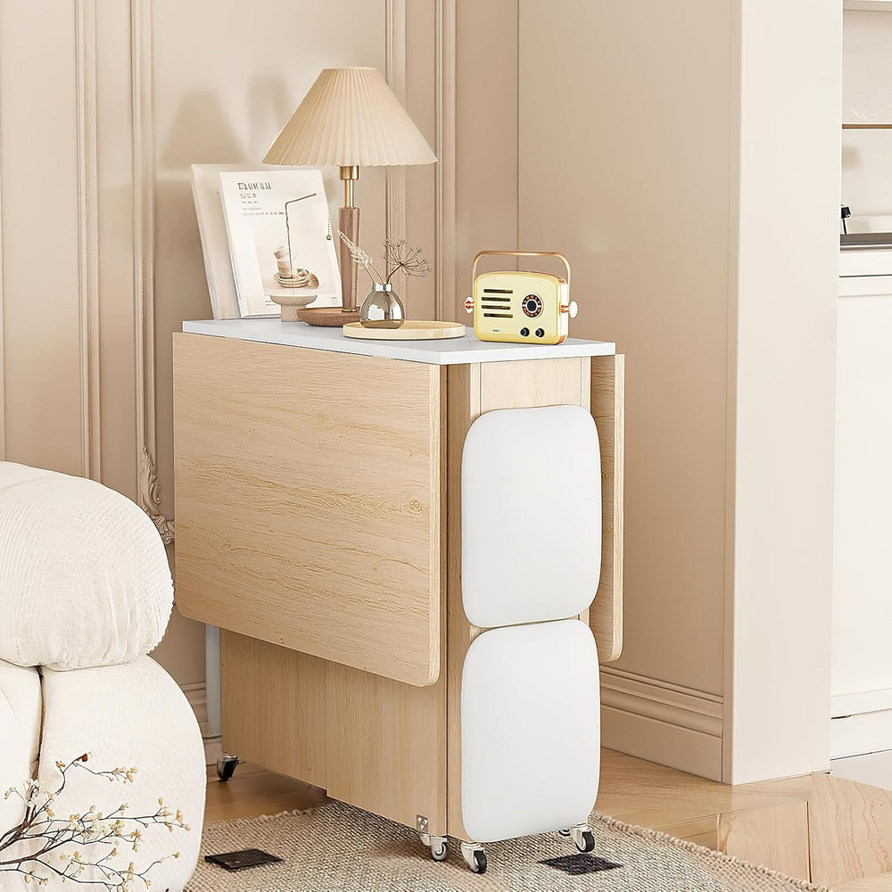 AWQM Folding Dining Table Set, Storage Folding Table & Chair, Beige White