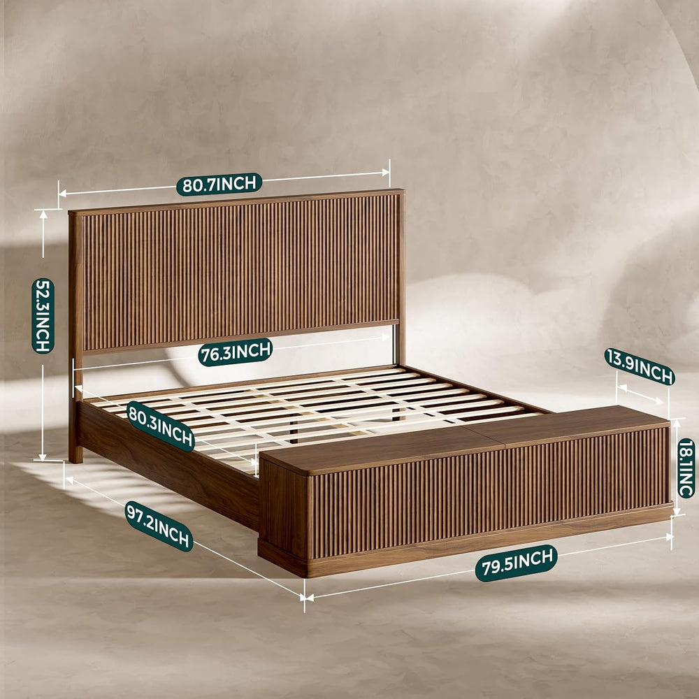 Evermagin Fluted Walnut King Bed Frame with 51'' Headboard & Stor...