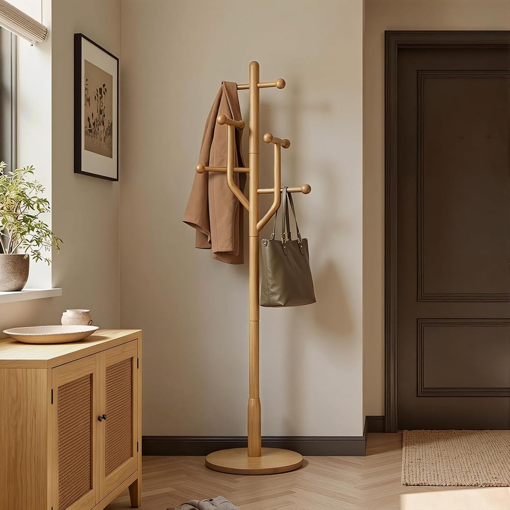 Solid Wood Coat Rack Freestanding Coat Tree Rack with 8 Hooks, Creative Styli...
