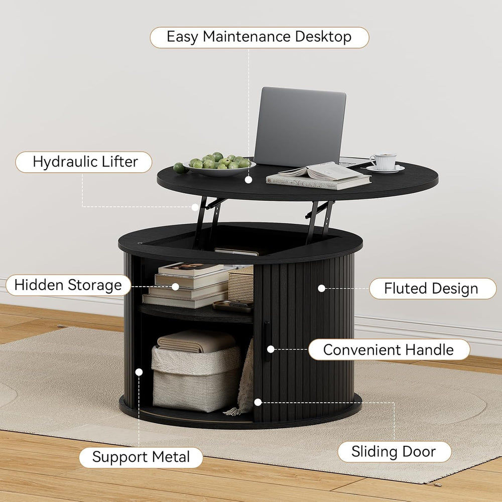 FABATO Round Lift Top Coffee Table Fluted Drum Table Sliding Door, Black