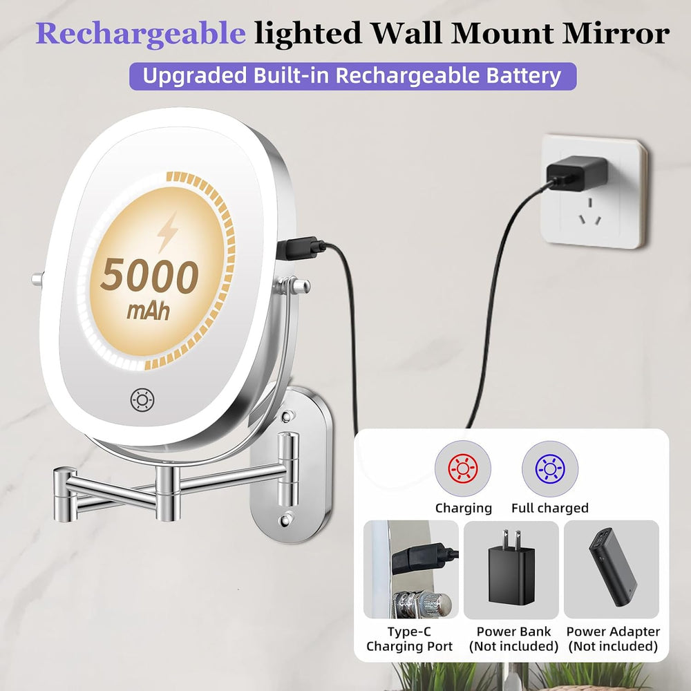 FUNTOUCH 5000mAh Rechargeable Wall Mounted Lighted Makeup Mirror, Chrome