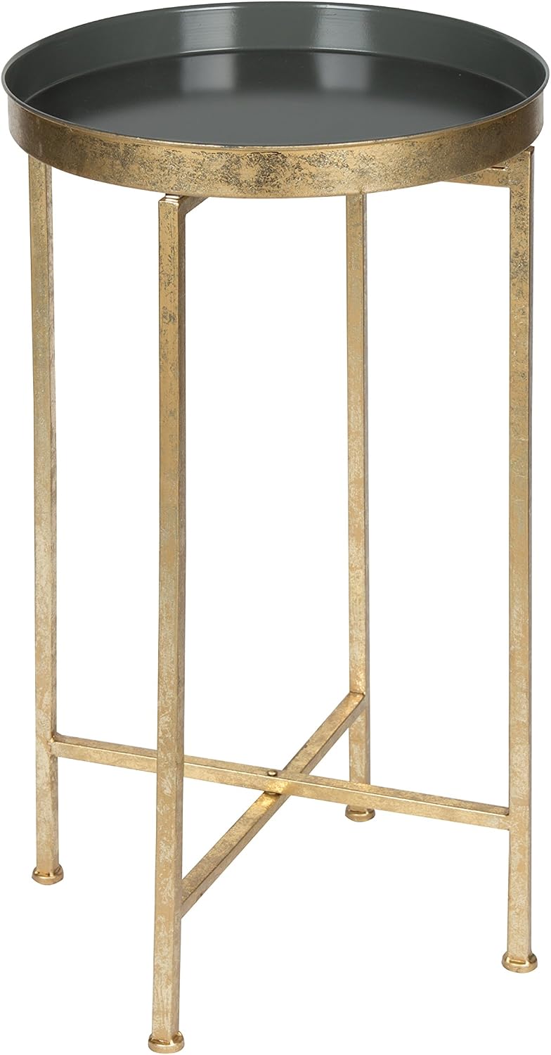 Kate and Laurel Celia Round Metal Foldable Tray Accent Table, Gray with Gold ...