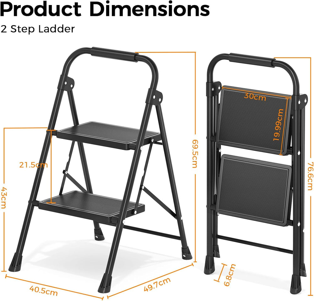 KINGRACK 2 Step Ladder Folding Step Stool with Handrail for Kitchen Black