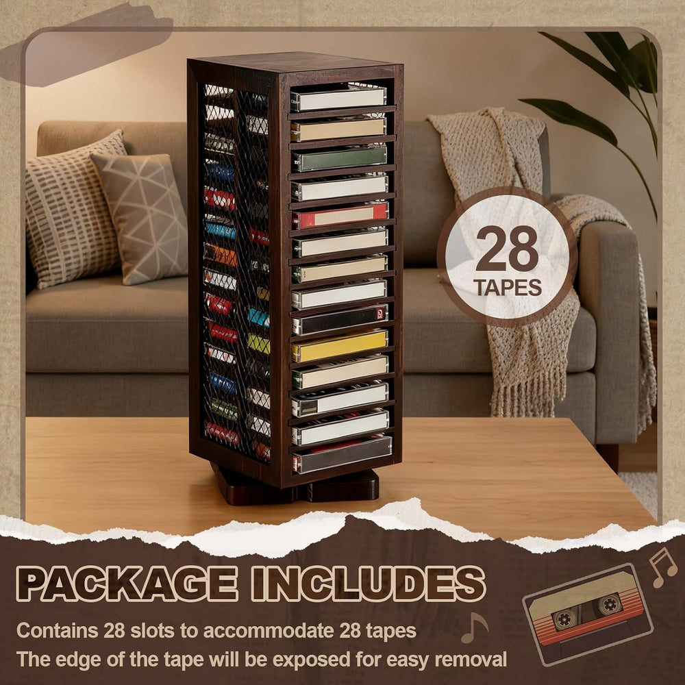 Ripeng Cassette Tape Holder, 28 Capacity 360° Rotating, Rustic Brown