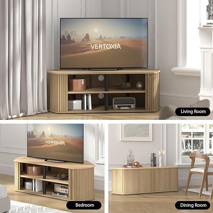 Corner TV Stand 43 Inch, Mid Century Corner Entertainment Center with Sliding Tambour Door, Media Console Table with 2 Layers Storage, Fluted TV Stand for Living Room, Bedroom, Oslo Oak