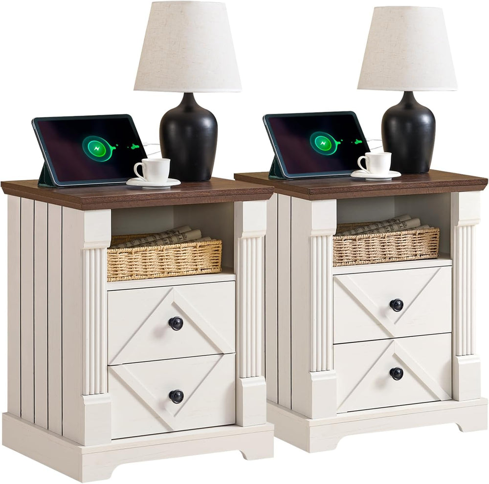 BuildHom 18" Farmhouse Nightstand Set of 2 with Charging Station, White
