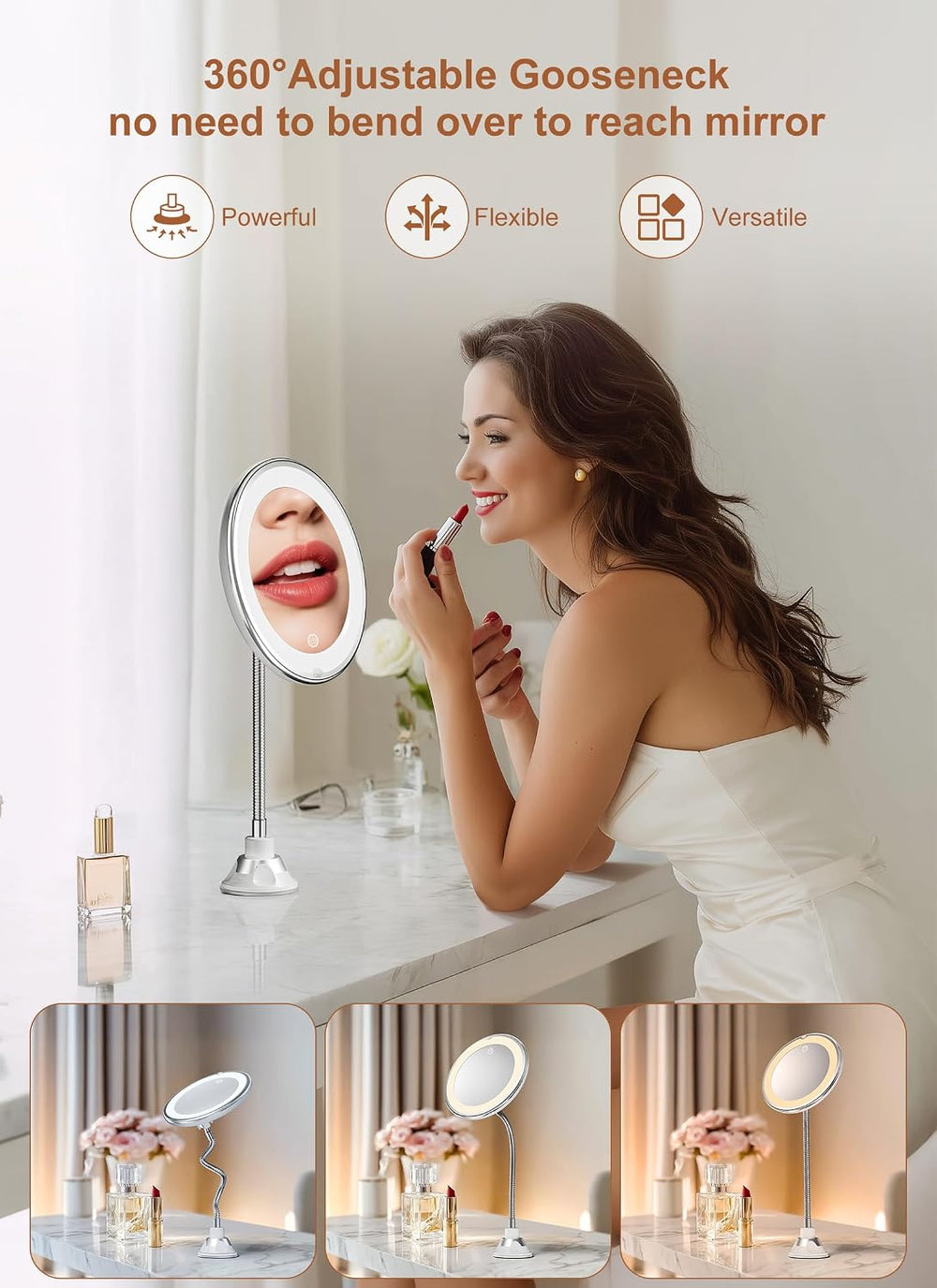 10x Magnifying Mirror with Light,Gooseneck Travel Make up Mirror 3 Lighting
