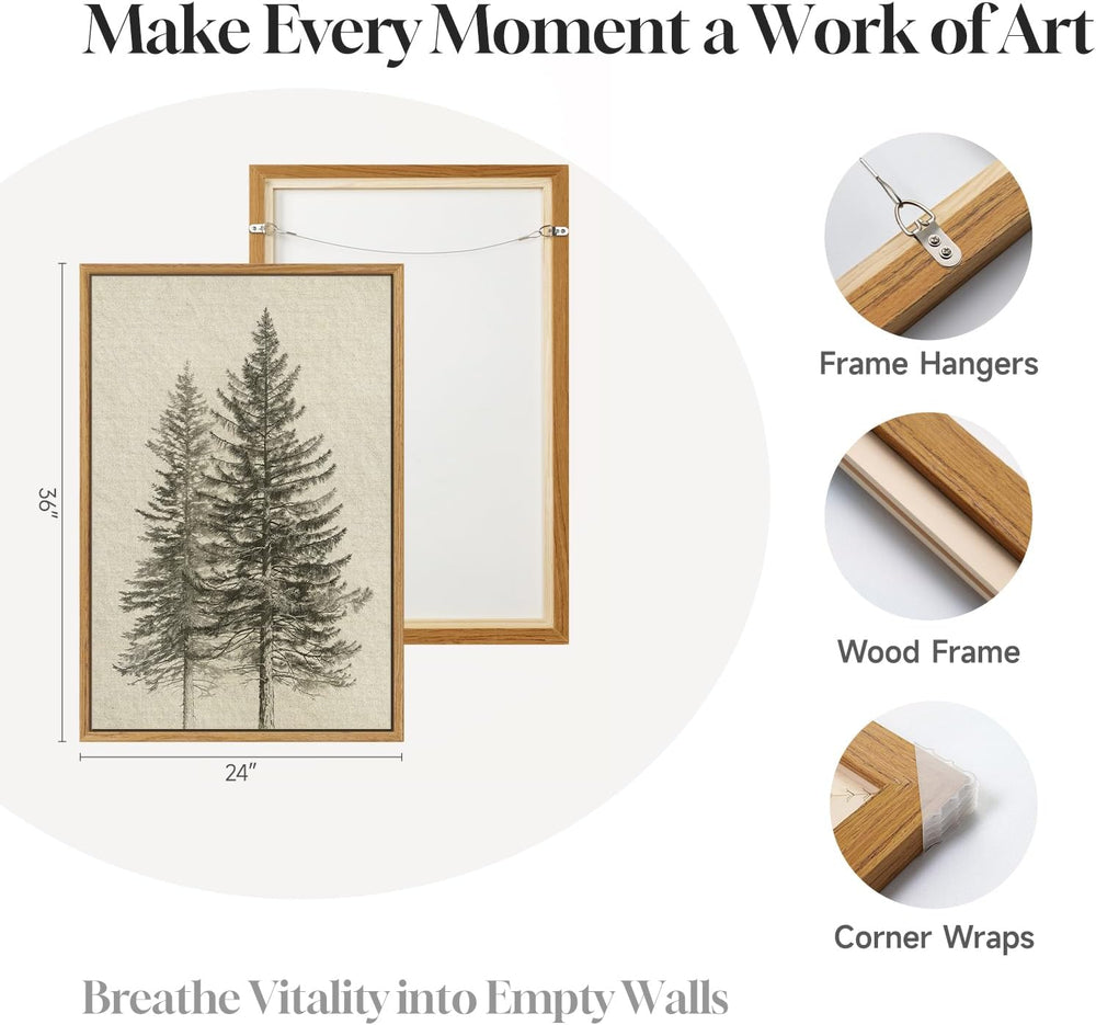 Framed Vintage Rustic Vertical Pine Tree Wall Art for Living Room, 24x36 In