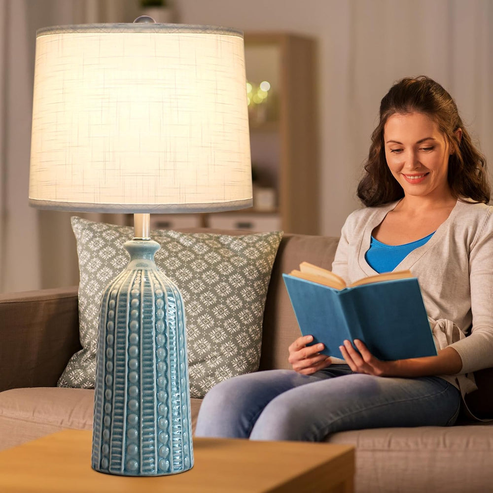 JUNNAI Green Ceramic Table Lamp 24.5": 3-Way Dimmable Nightstand Lamp wi...