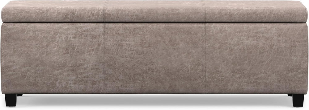SIMPLIHOME Avalon 48" Wide Vegan Leather Storage Ottoman in Grey