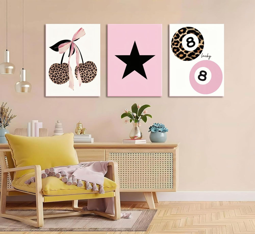 Trendy Pink Leopard Bow Canvas Wall Art Set of 3 Funky Cherry Lucky 8 Ball Po...