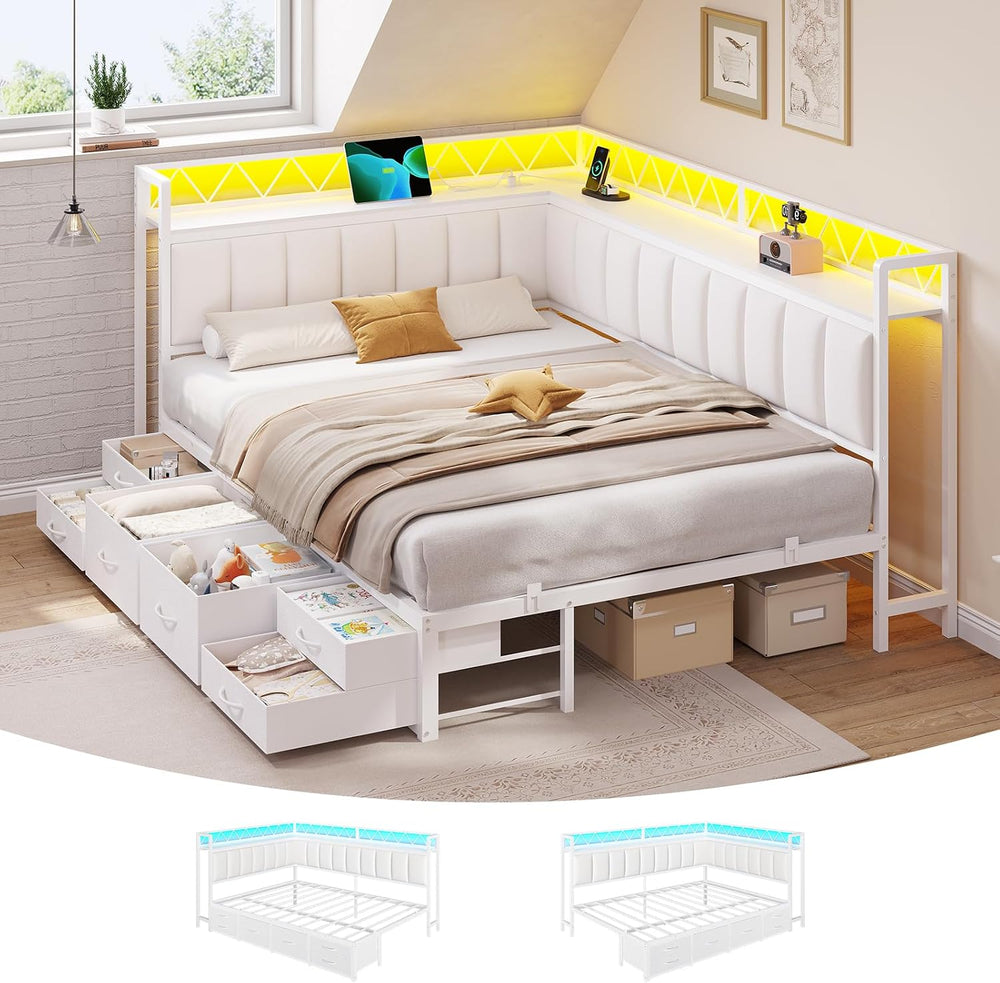 Corner Full Bed Frame with 6 Storage Drawers, Open Shelves,Charging Station