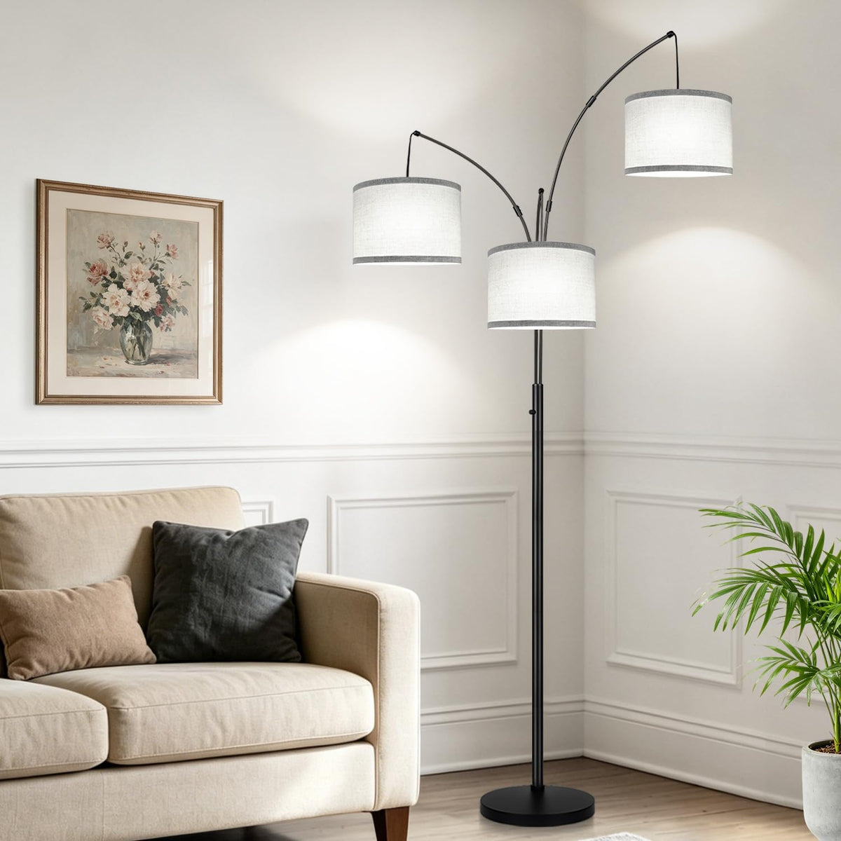 Dimmable Floor Lamp, 3 Lights Black Arc Floor Lamp, Modern Tall Standing Tree Lamp with Grey Linen Shades & Heavy Base, 3000LM LED Bulbs, Bright Lighting for Living Room, Bedroom, Office & Reading