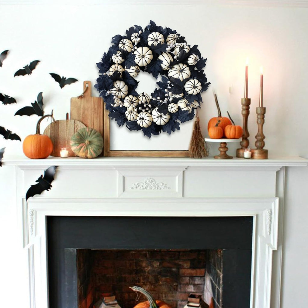 22inch Halloween Wreath Black Maple Leaf Wreaths White Pumpkin Wreath Holiday Decoration Party Party Celebration Wreaths Front Door Back Door Hallway Patio Decoration（White）