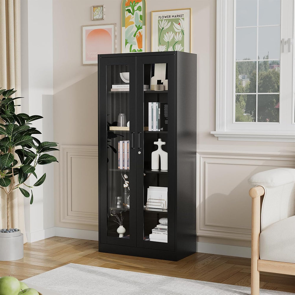 PEUKC Display Cabinet with Glass Doors, 71 Inches Metal Curio Storage Cabinet...