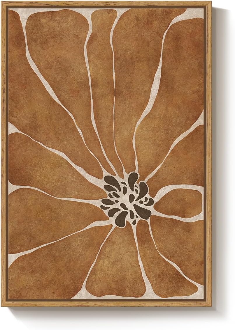 Large Framed Boho Abstract Brown Floral Wall Art for Living Room, 24x36 In
