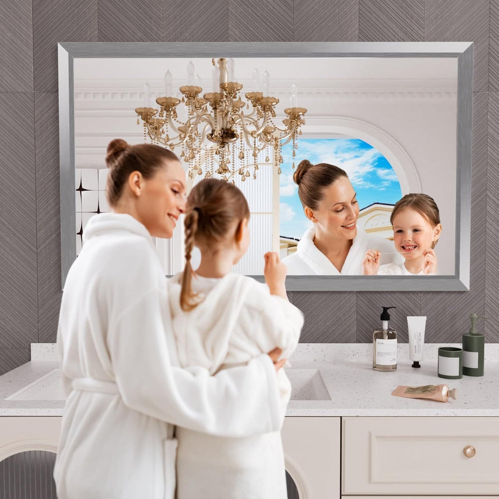 Amorho Bathroom Mirror for Wall 60x36 Inch, Brushed Silver Metal Framed