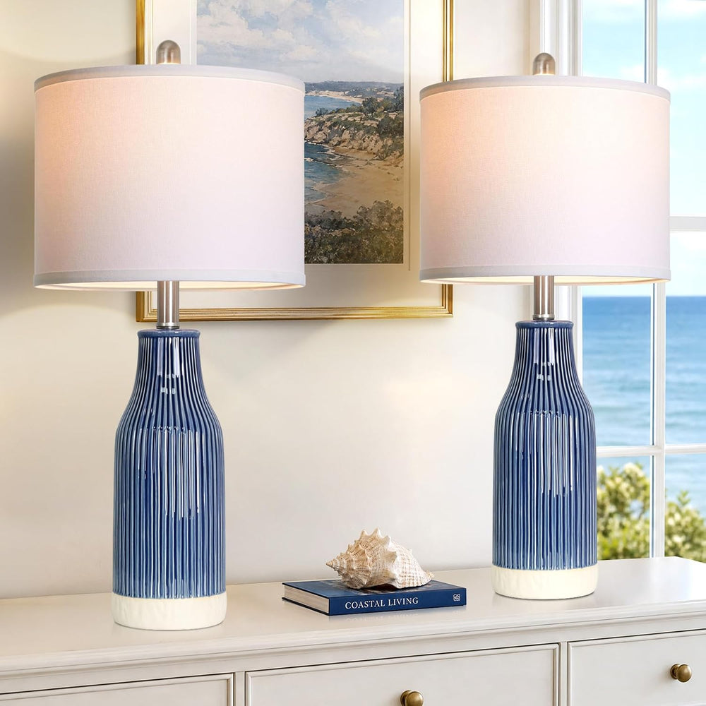 24.5" Blue Ceramic Table Lamps Set of 2 for Bedroom, Modern Table Lamps ...