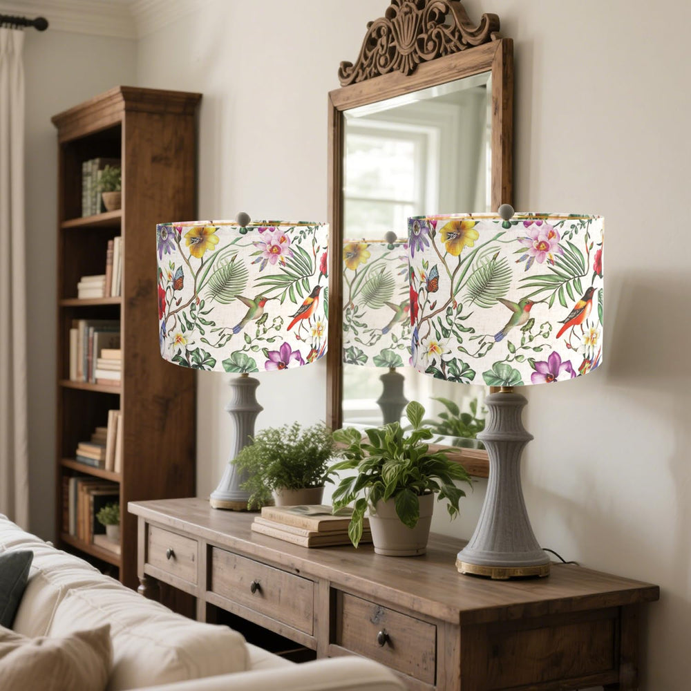 Drum Lampshades, Print Floral Linen Lamp Shade with Golden Frame
