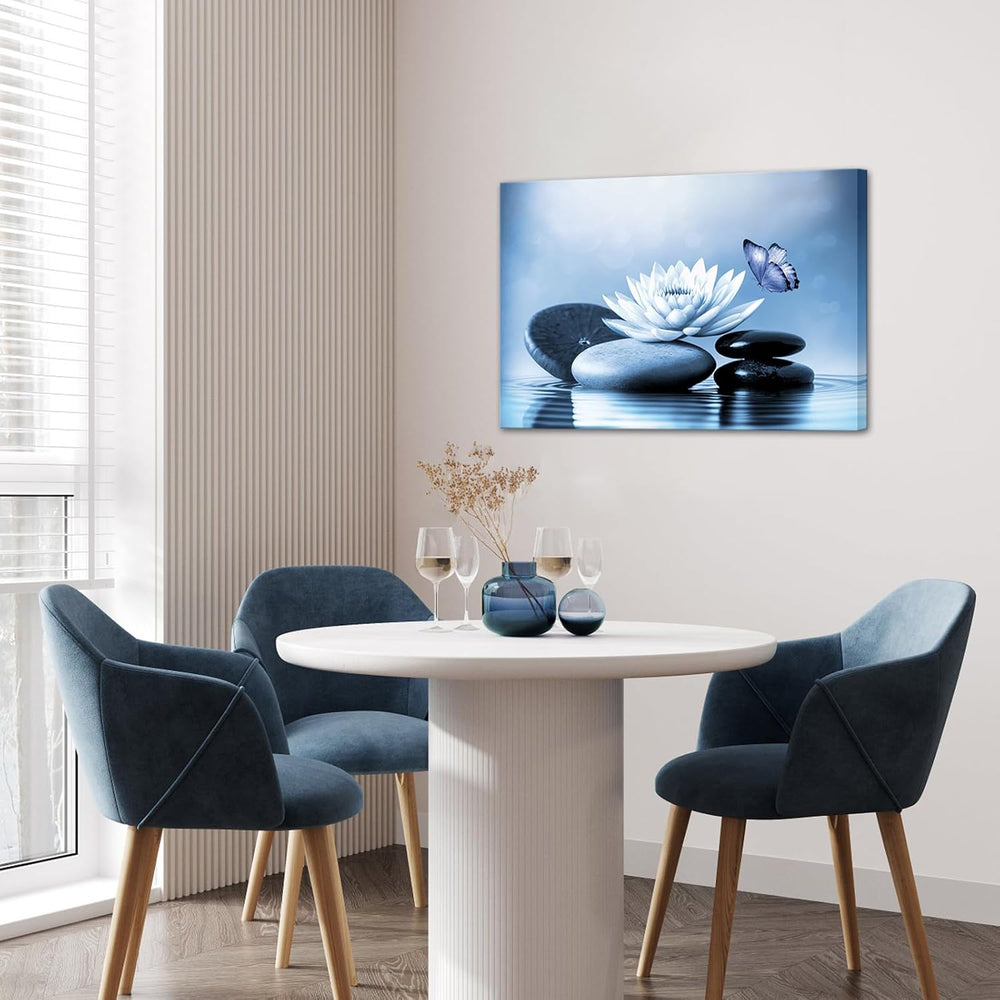 VANSEEING Zen Canvas Wall Art Blue Lotus Flowers Stones Butterfly on Water Li...