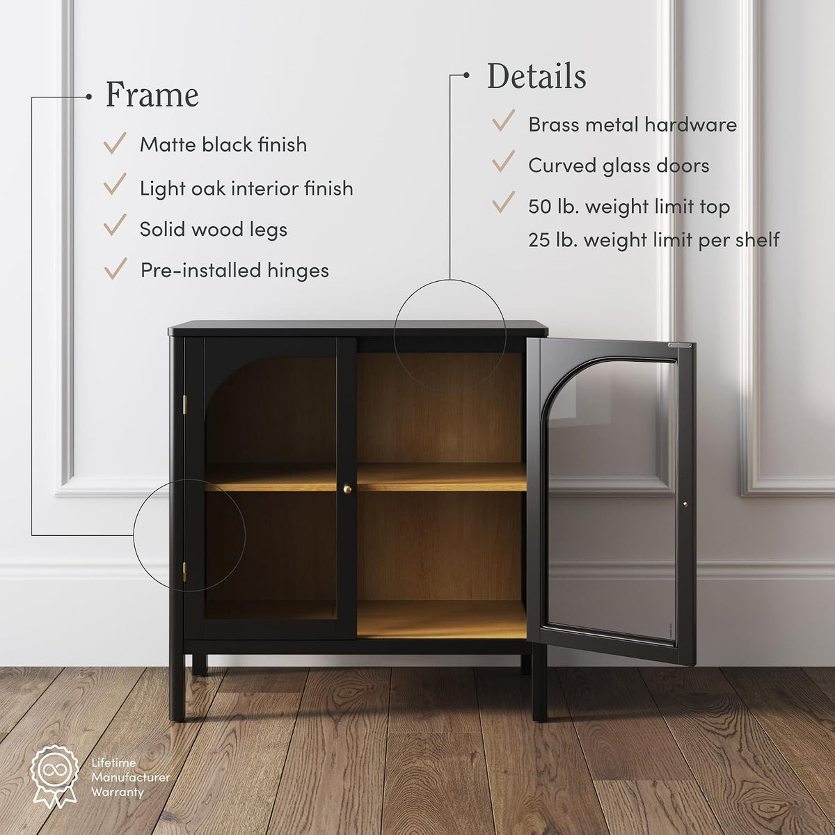 Nathan James Mason Storage Cabinet, Free Standing Accent Sideboard Buffet, Credenza with Glass Doors and Adjustable Shelf in Black Oak Wood for Dining Room, Entryway and Living Room, Clear Glass/Black