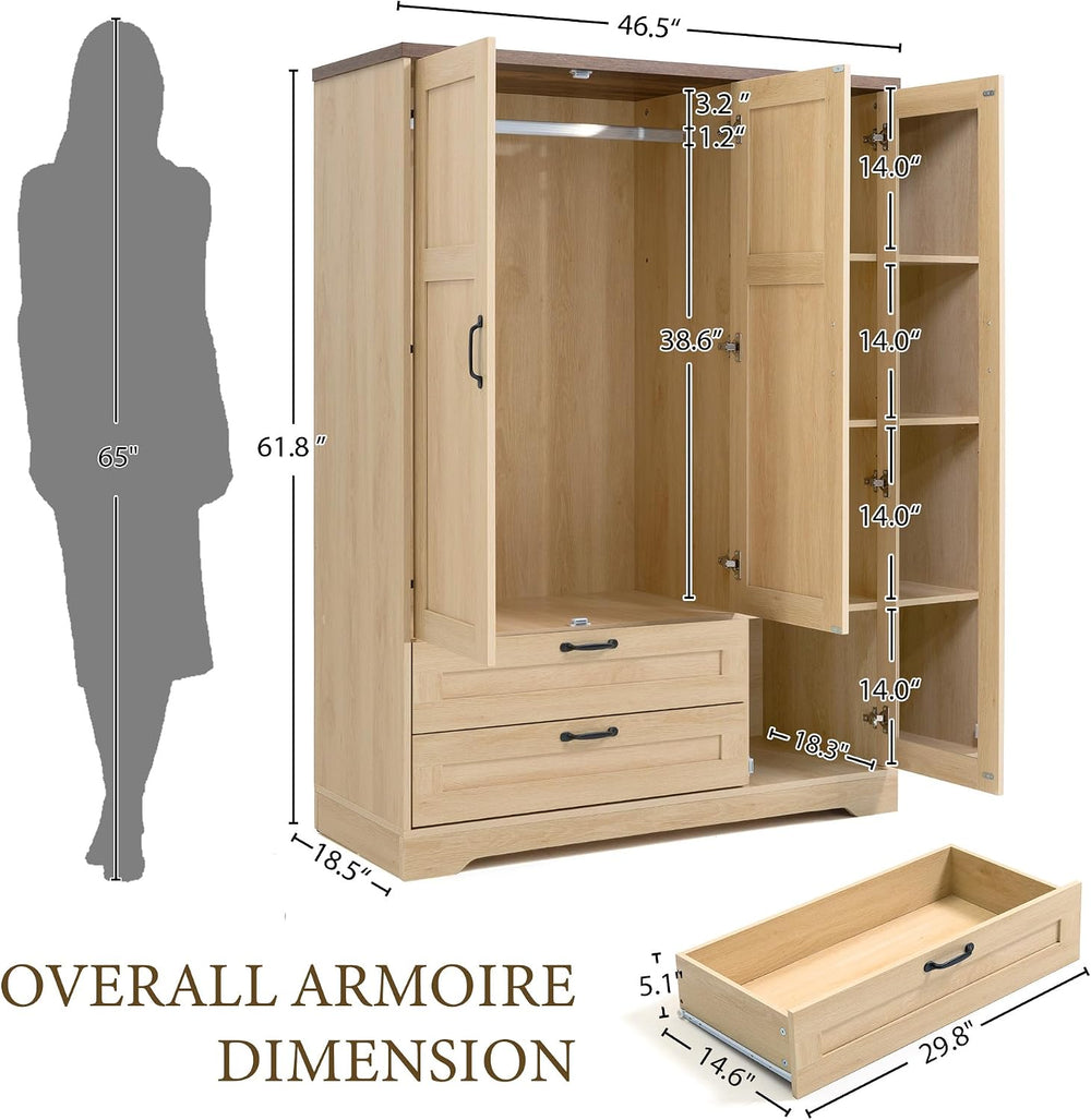 Yechen 62" Wooden Armoire Wardrobe Closet with 3 Doors & 2 Drawers, ...