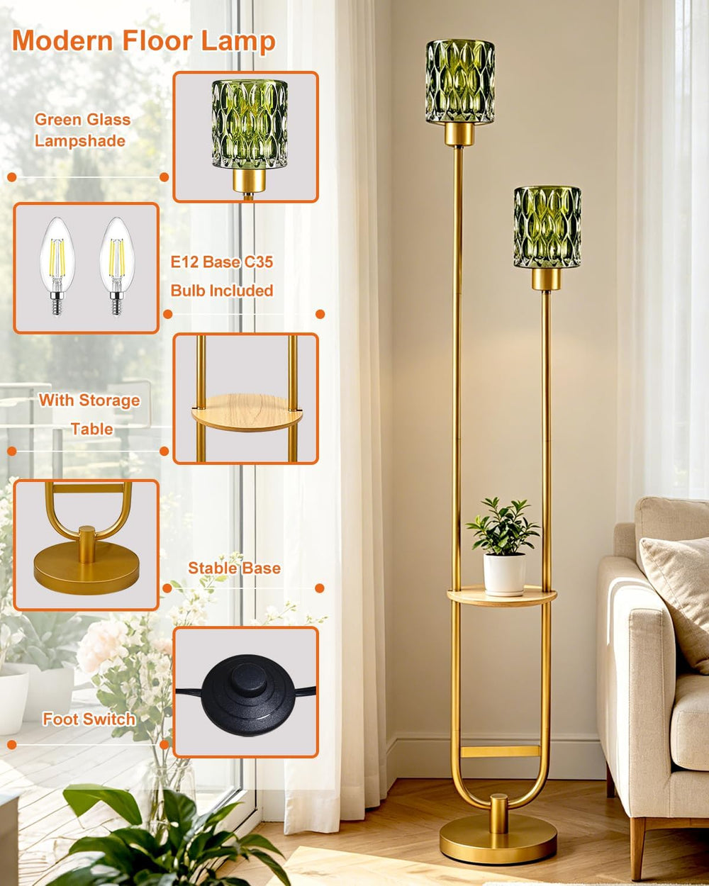 Green Glass Floor Lamp with Table Shelf, Modern Gold Standing Lamp
