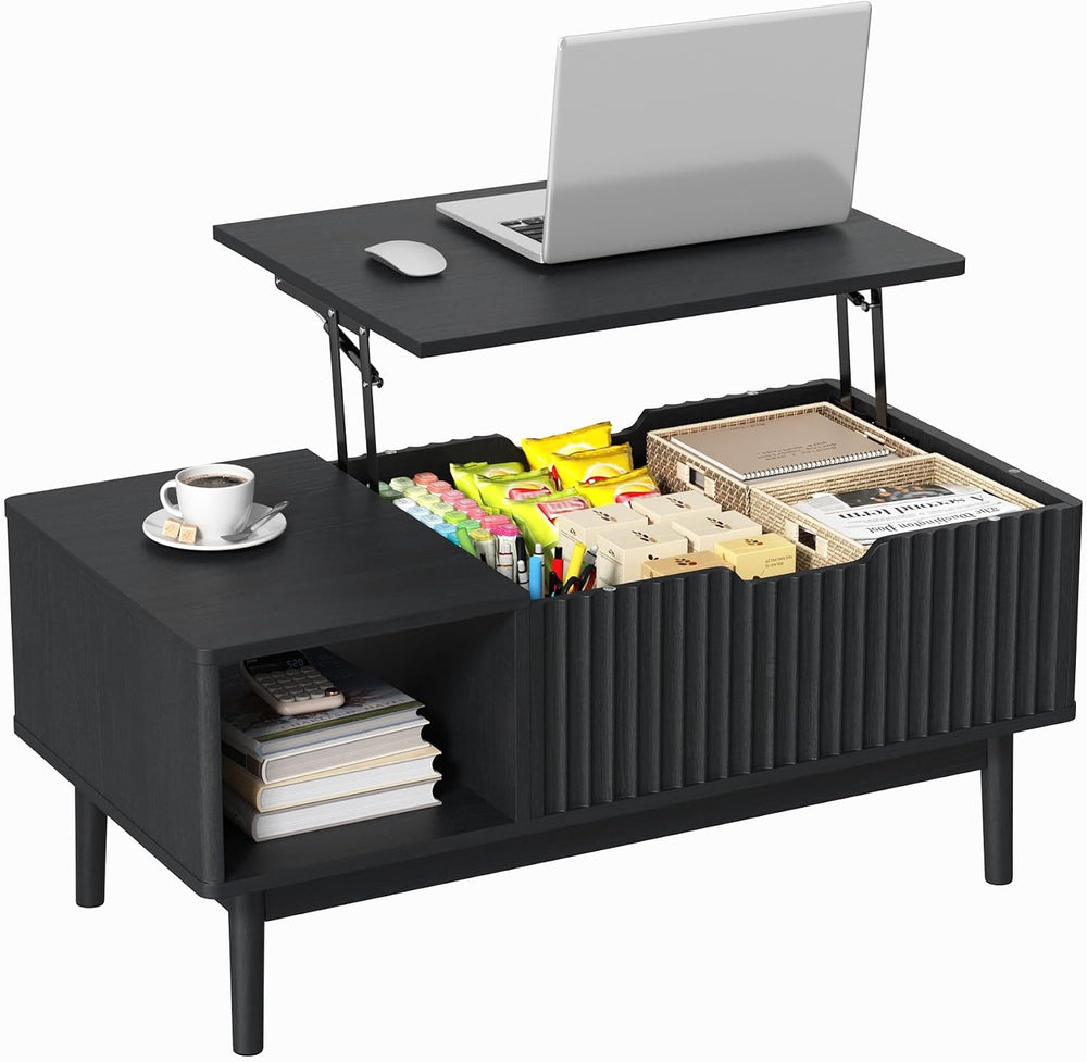 Fluted Lift Top Coffee Table with Storage, 37 Inch, Black