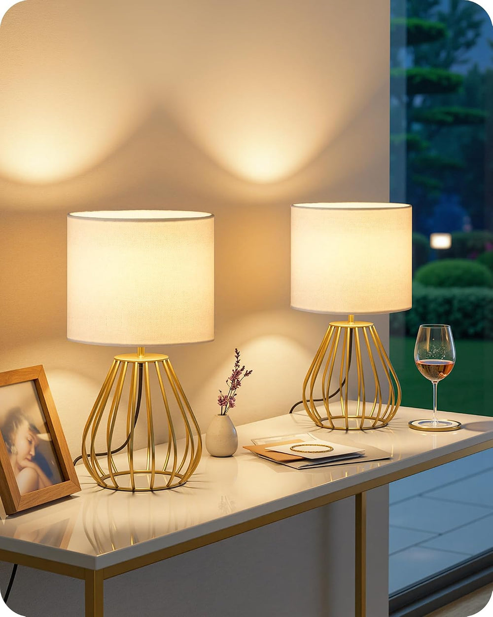 Gold Table Lamp Set of 2, Small Bedside Lamps Set of 2, 2700K LED Bulb Includ...
