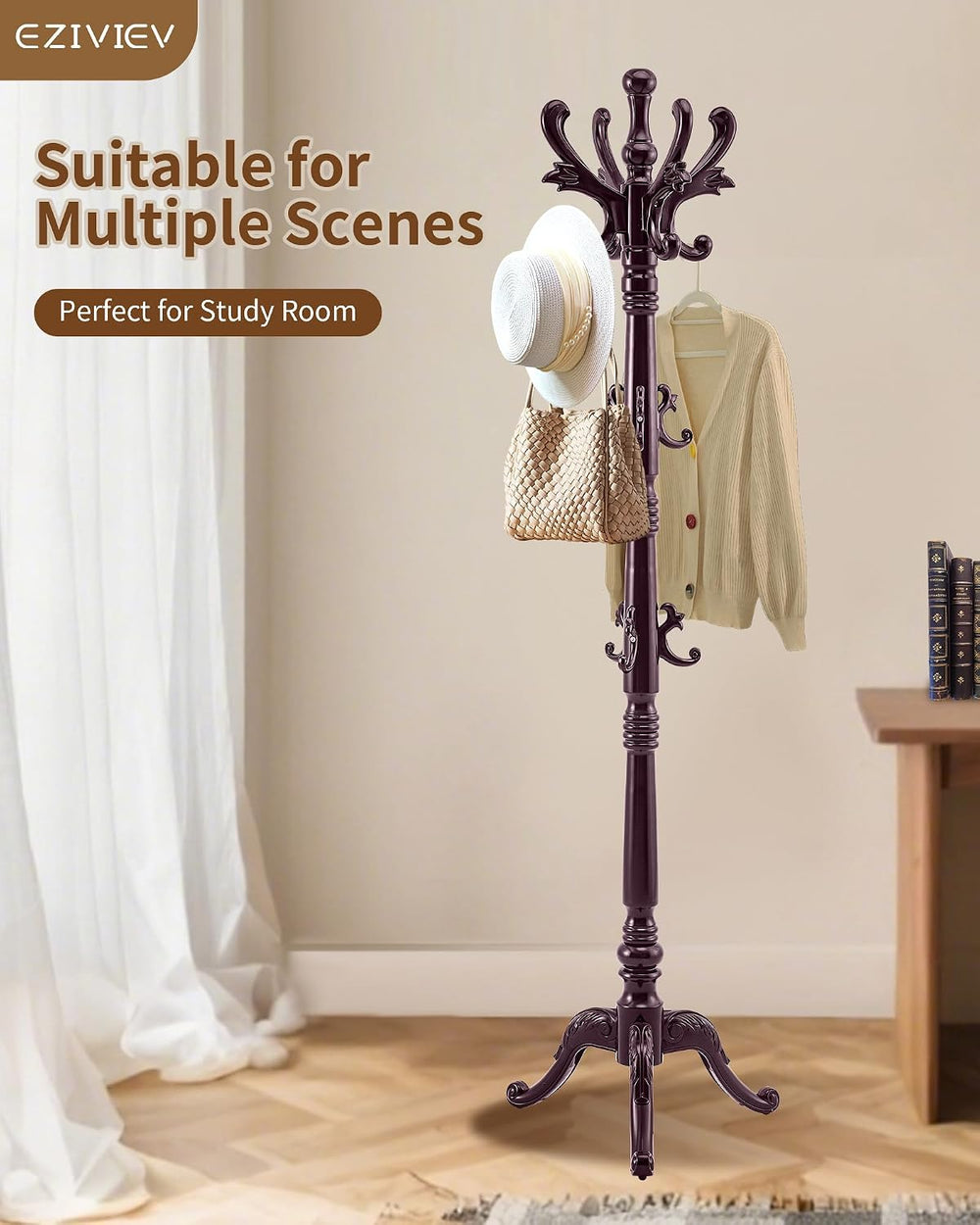 EZIVIEZ Coat Rack Vintage Solid Wood Coat Rack Freestanding with 14 Hooks