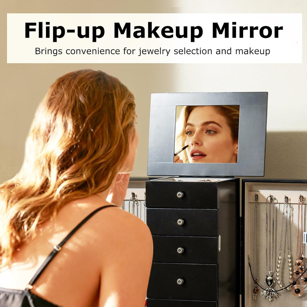 GOFLAME Standing Jewelry Armoire Cabinet with Top Flip Mirror, Jewelry Box Ch...
