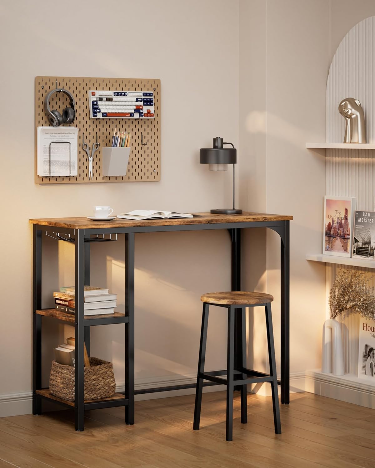 Qsun 3-Piece Bar Table Set for 2 | Bar Height Table with Stools & 2 Storage Shelves, Small Bar Table Set with Glass Rack, Small Kitchen Table for Dining Room