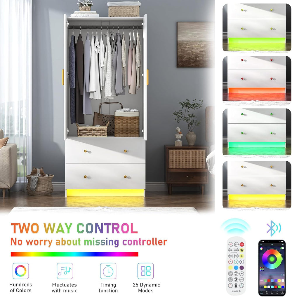 chartustriable 2 Doors Armoire Wardrobe Closet with Mirror, LED Closet with D...