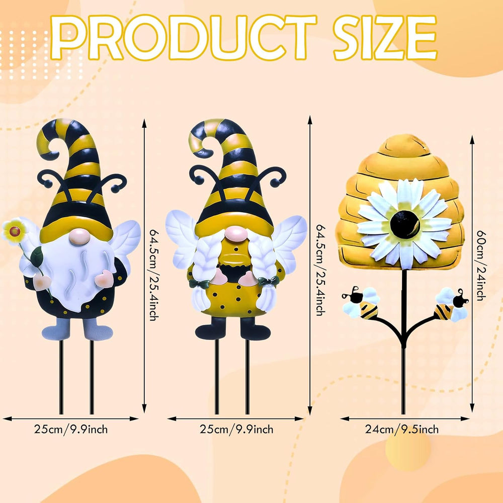 Cinnvoice 3 Pcs Metal Gnome Yard Stakes Bee Spring Garden Decor 25.4"