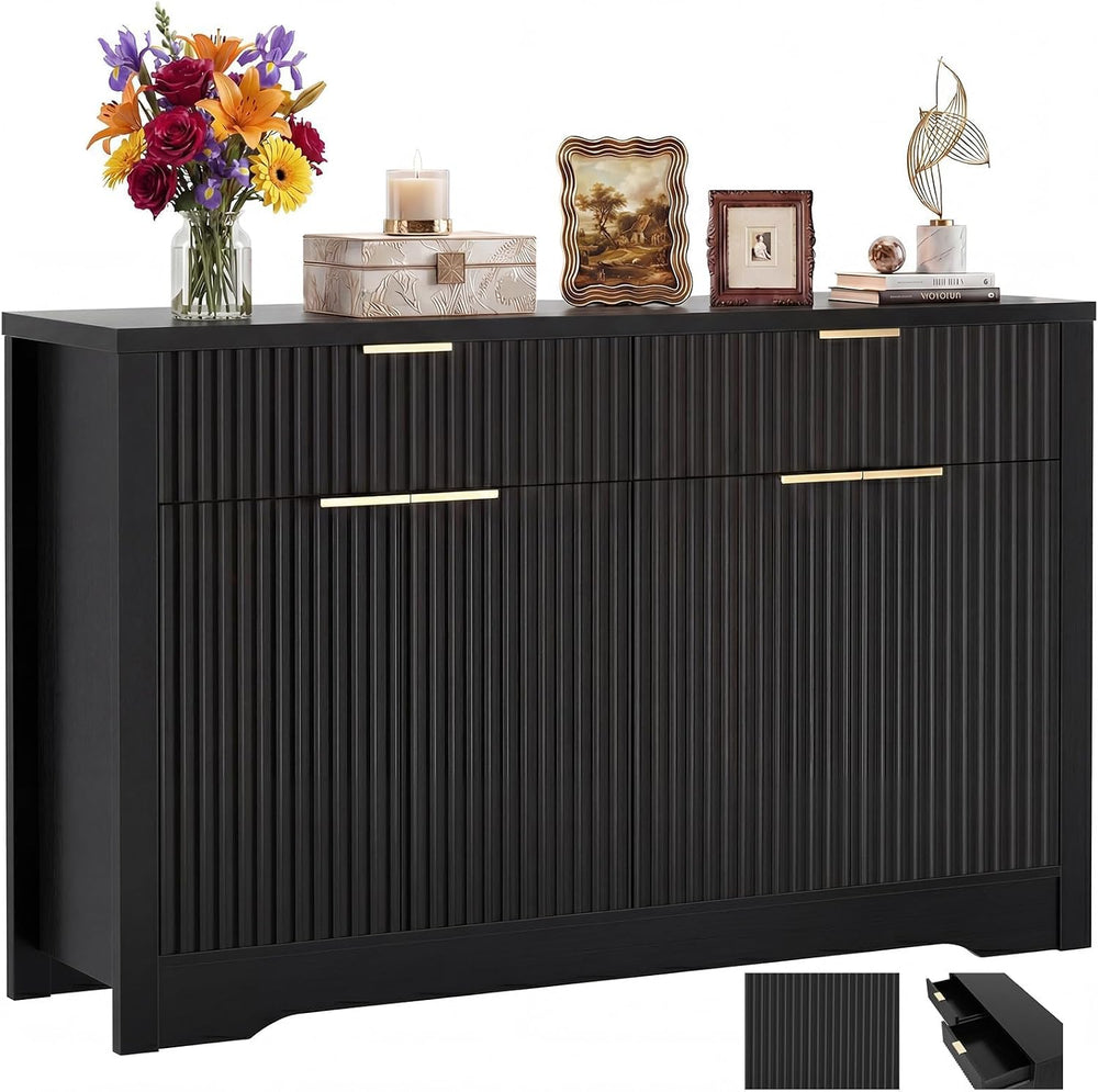 Cyclysio 55" Fluted Sideboard Buffet Cabinet with Drawers (Black, 4 Doors)