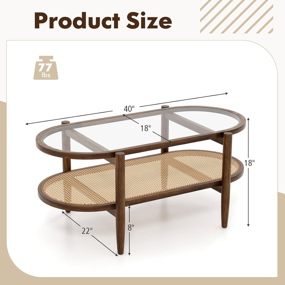 MAT EXPERT Rattan Coffee Table, 2 Tier Boho Oval Living Room Table w/Glass Ta...