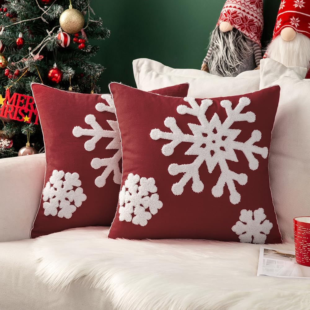 MIULEE Christmas Throw Pillow Covers Burgundy Decorative Snowflake 18x18