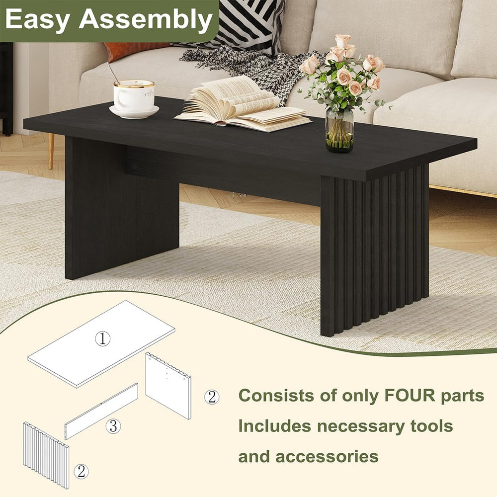 BON AUGURE Black Coffee Table, 43 Inch Fluted Living Room Tables, Modern
