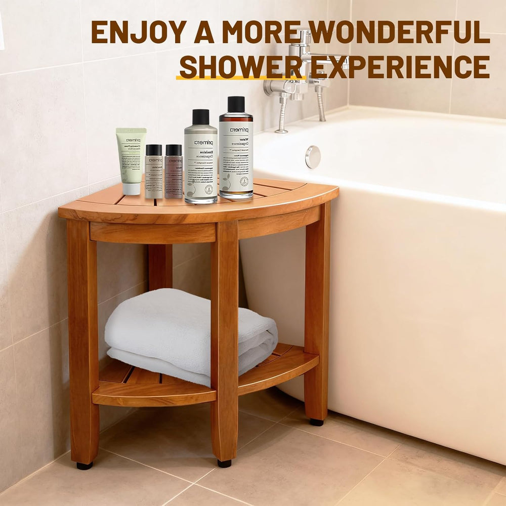 18" Premium Teak Corner Shower Bench with Shelf, Solid Teak Shower Stool...