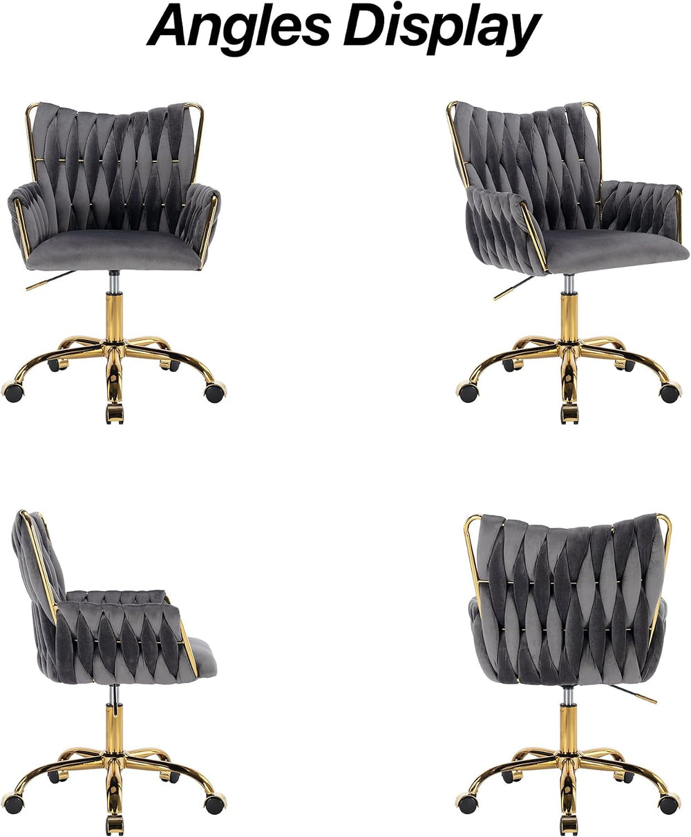 KCC Modern Velvet Home Office Desk Chair with Hand Woven Backrest,Gray