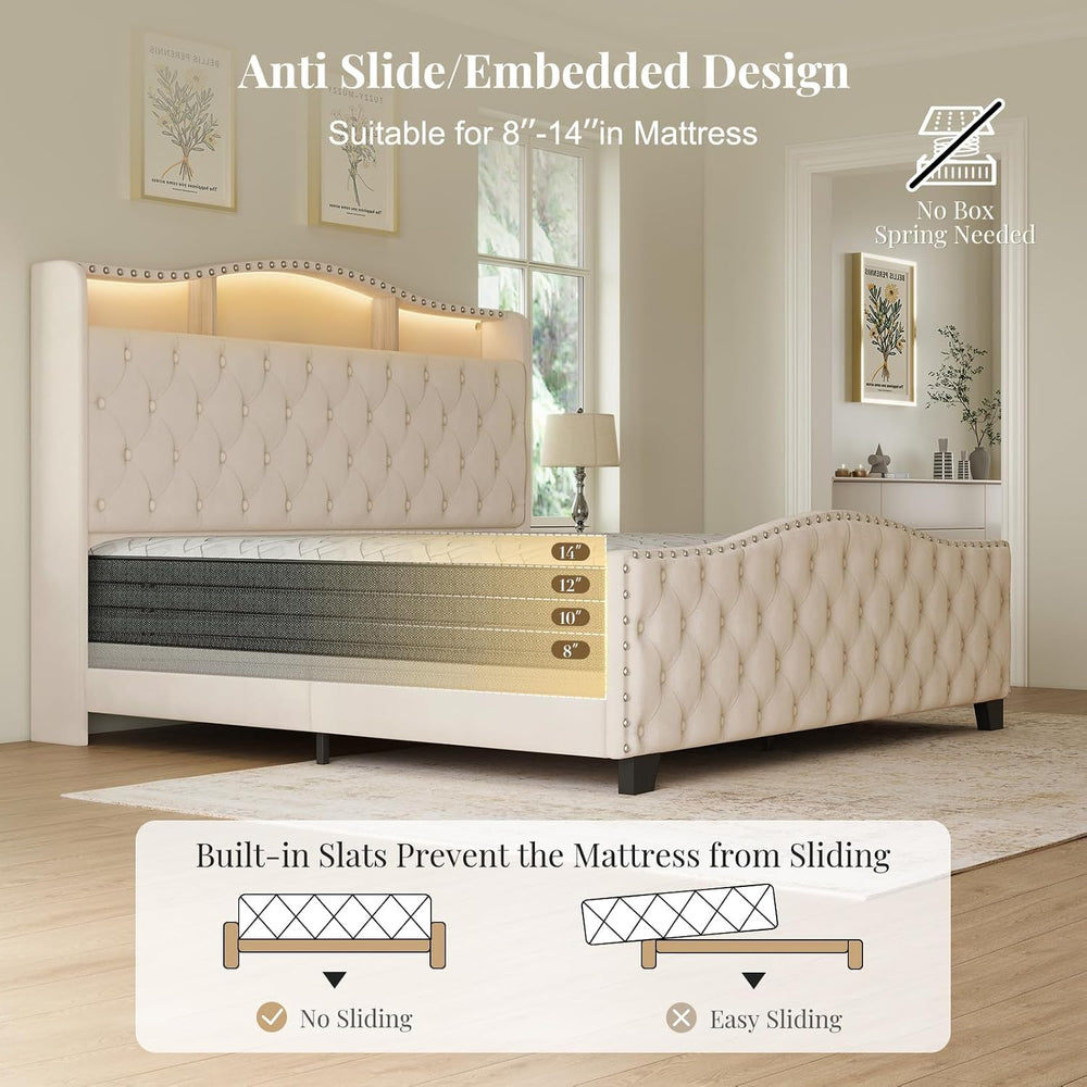 Belffin Platform Bed Frame with 50.9" LED Headboard, King Beige
