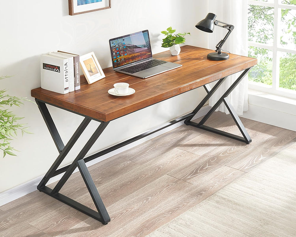 55" Solid Wood Computer Desk, Natural Real Wood Home Office Desk