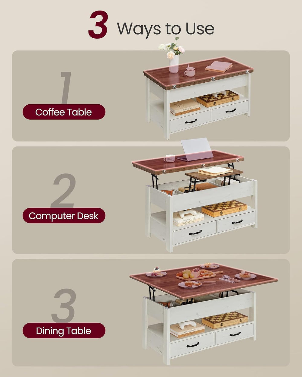 VASAGLE Lift Top Coffee Table, 3 in 1 Center Table with Storage, 2 Drawers