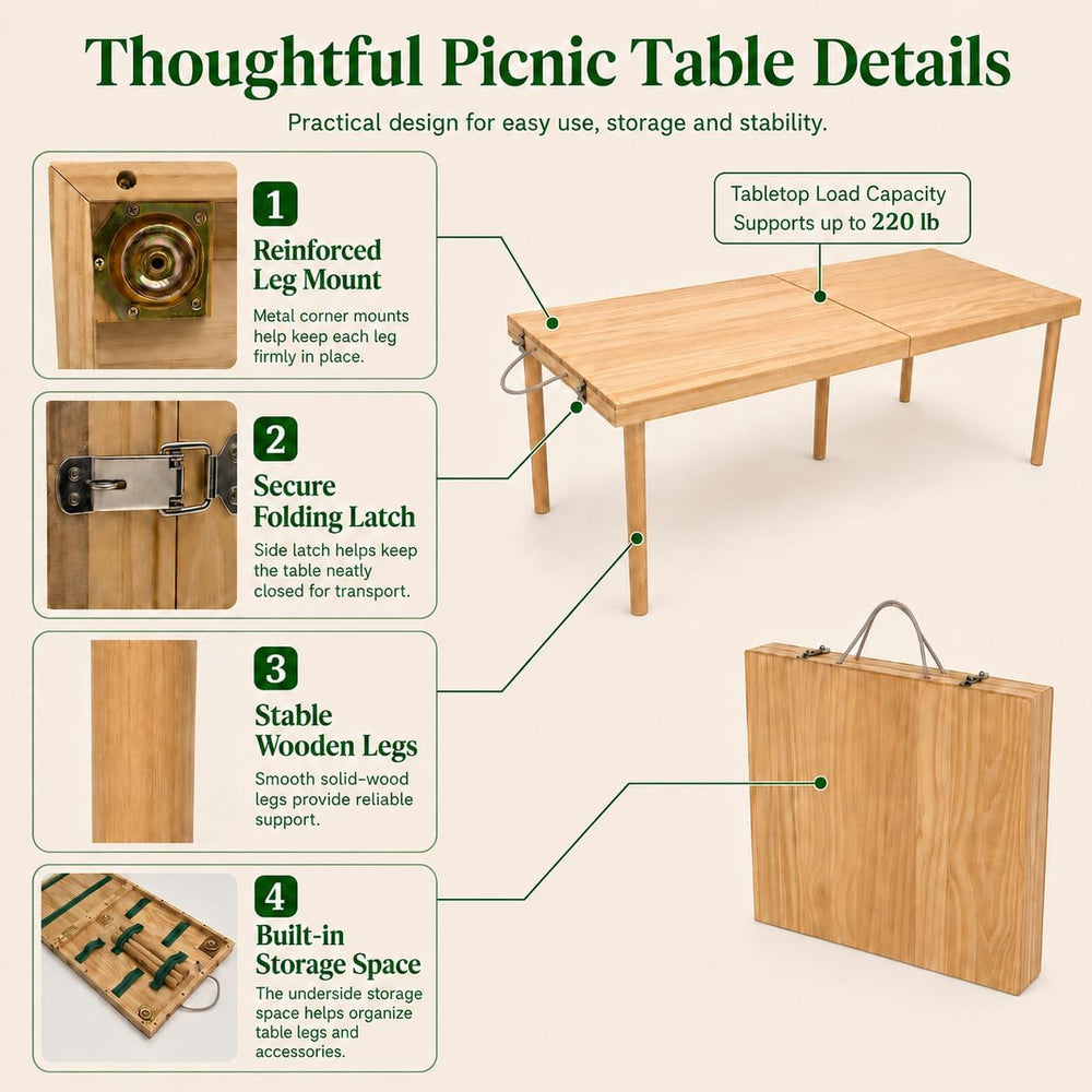 Folding Wooden Picnic Table, All-in-One Storage Box Design Portable Solid Woo...